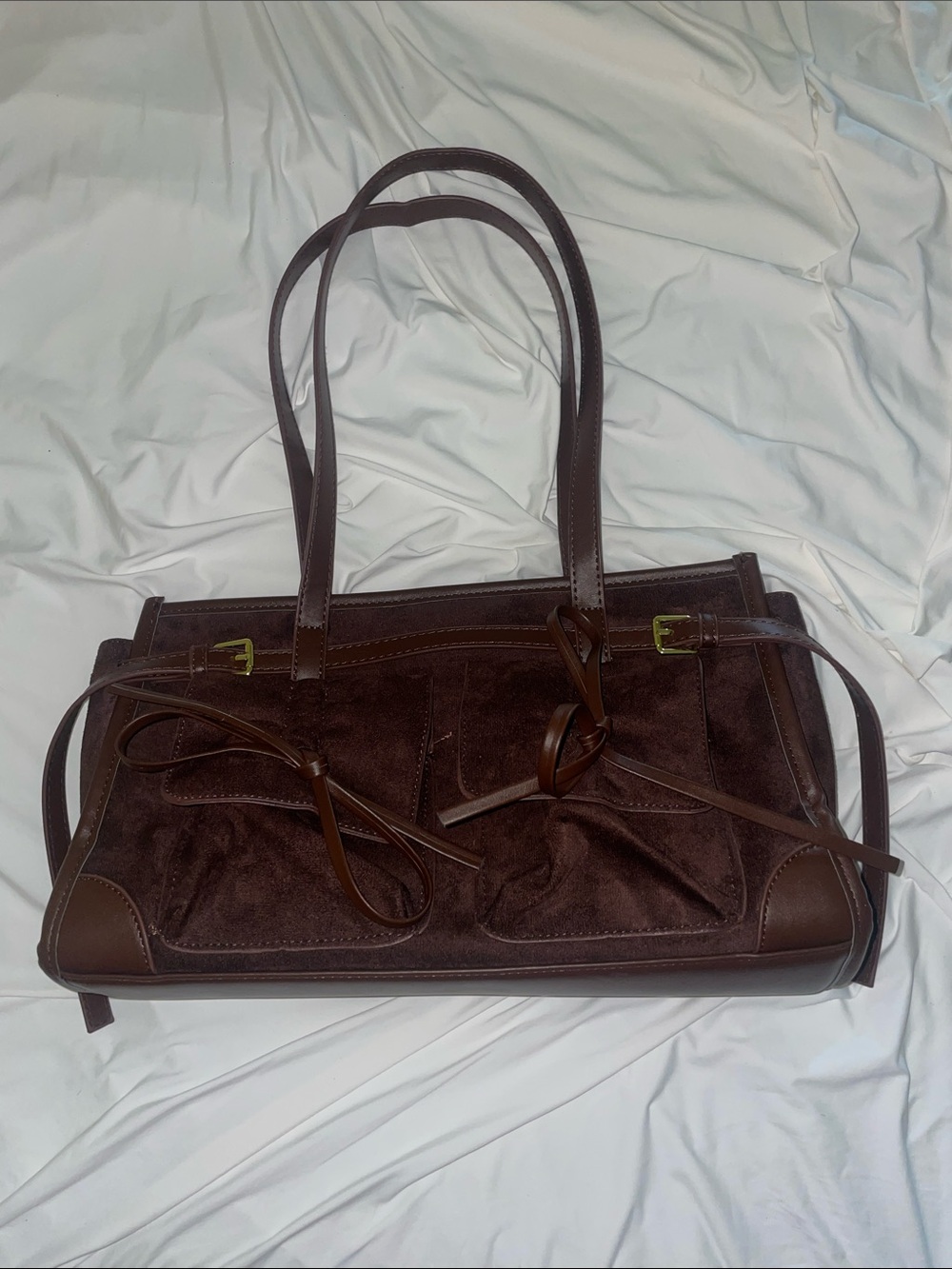 Brown Suede Bow Pockets Purse
